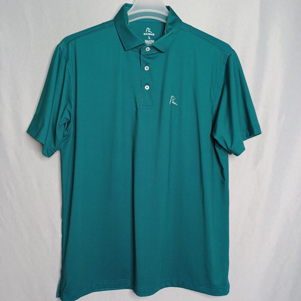 Rhoback Polo Shirt Mens Large Green Check Short Sleeve Performance Golf Stretch
